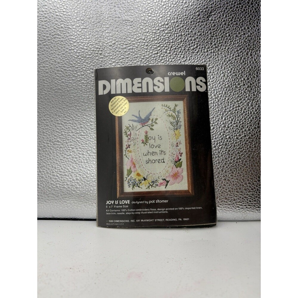 Vintage 1980 Dimensions Crewel Kit 6033 Joy Is Love Pat Zitomer 5x7 Opened